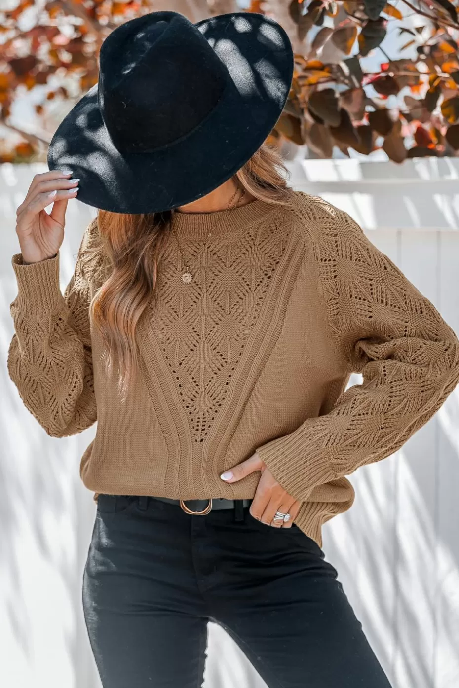 Fashion Cupshe Round Neck Long Sleeve Sweater Khaki