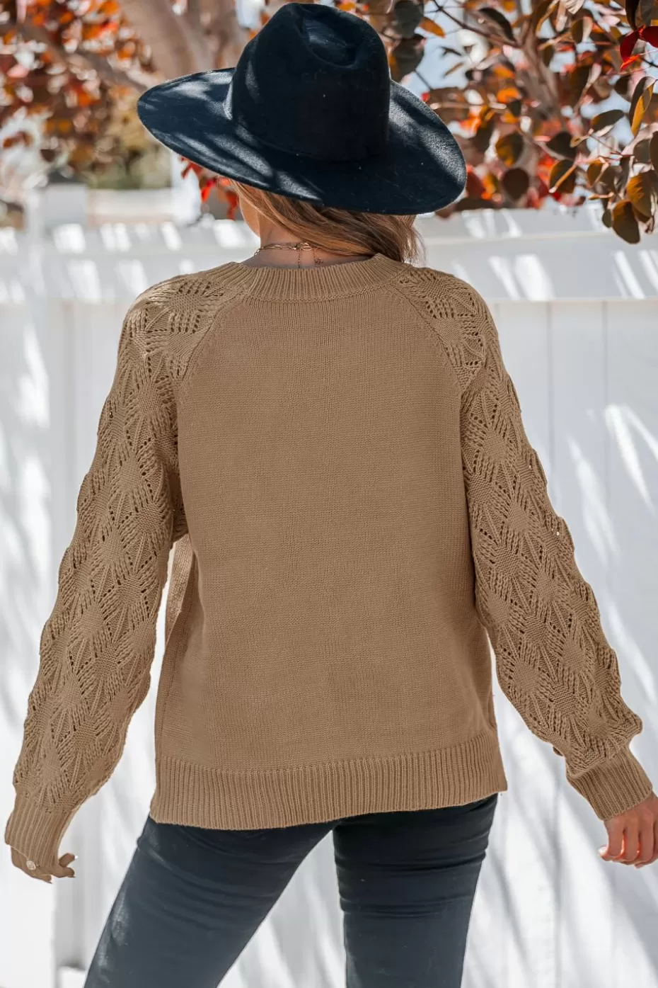 Fashion Cupshe Round Neck Long Sleeve Sweater Khaki