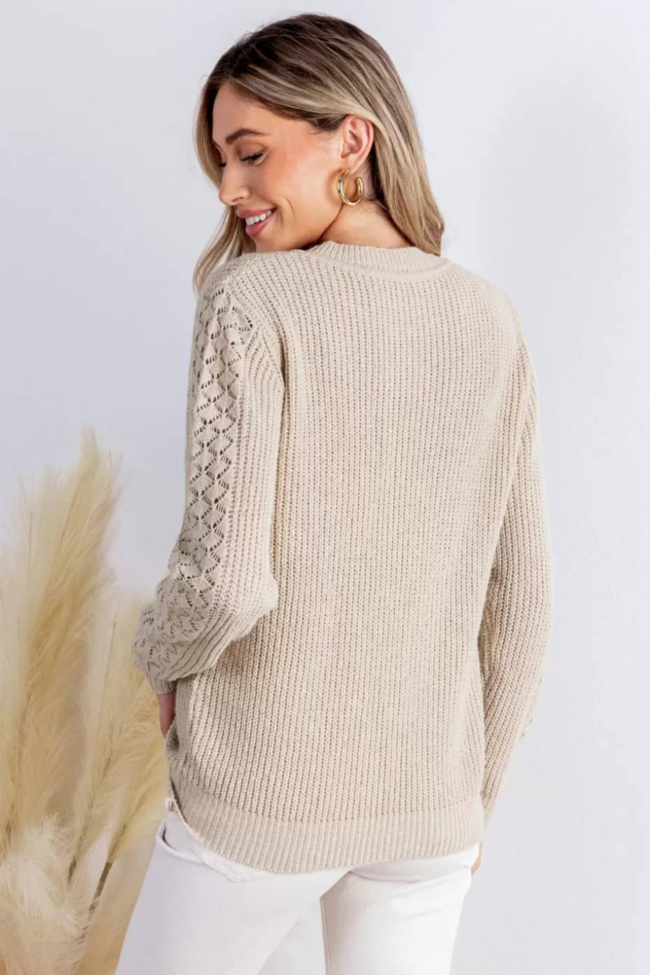Clearance Cupshe Round Neck Long Sleeve Sweater Khaki