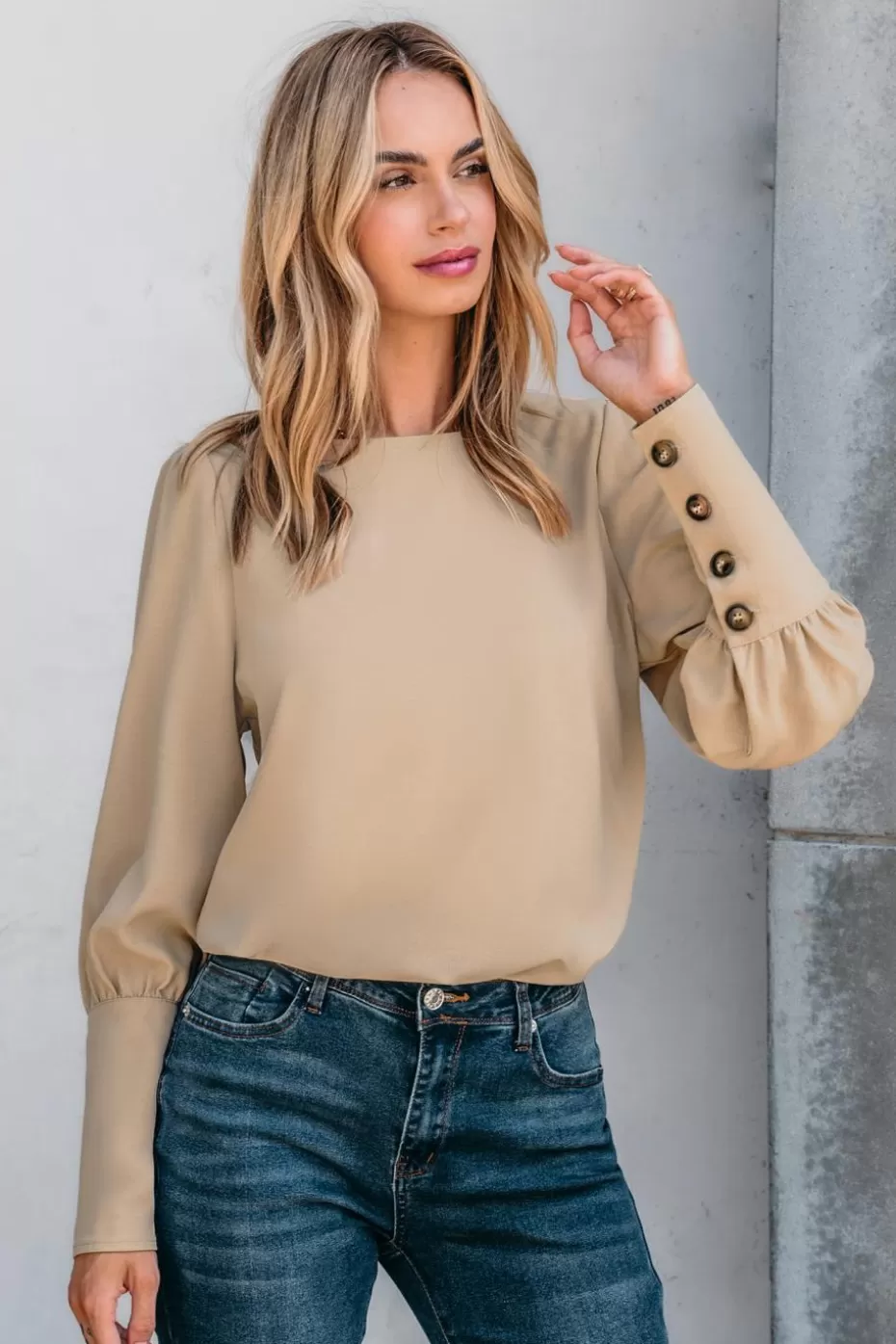 Hot Cupshe Round Neck Puff Sleeve Back Button Blouse Khaki