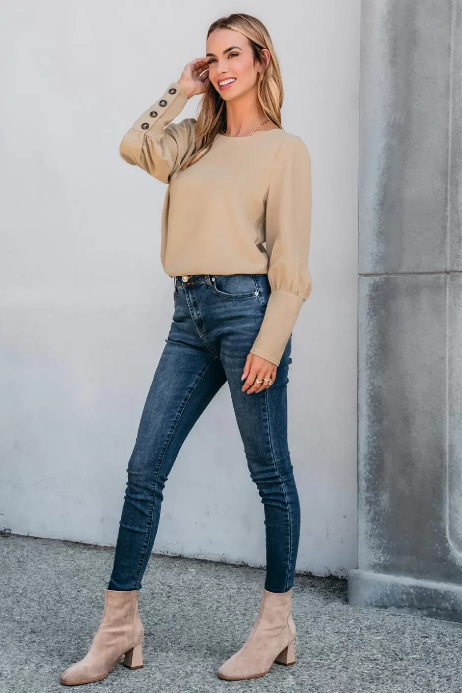 Hot Cupshe Round Neck Puff Sleeve Back Button Blouse Khaki