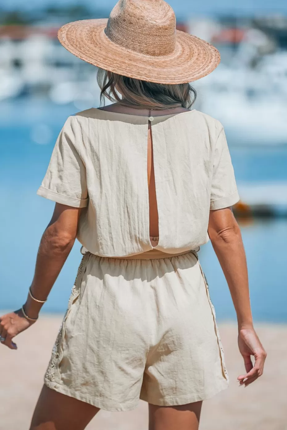 Discount Cupshe Khaki Short Sleeve Lace Straight Leg Romper Neutral