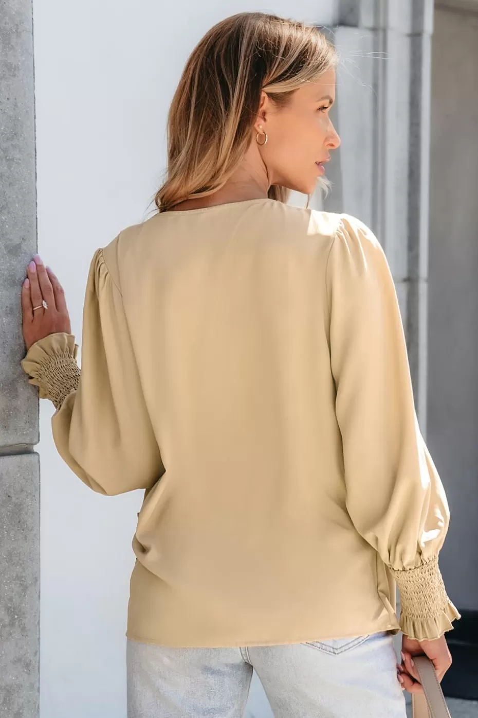 Flash Sale Cupshe Surplice Blouson Sleeve Smocked Cuff Blouse Khaki