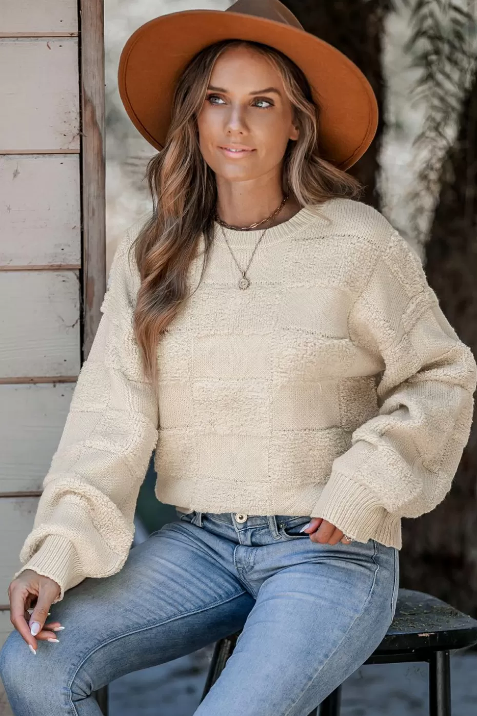 Outlet Cupshe Tonal Checkered Long Puff Sleeve Sweater Khaki