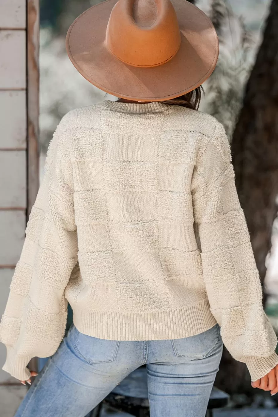 Outlet Cupshe Tonal Checkered Long Puff Sleeve Sweater Khaki