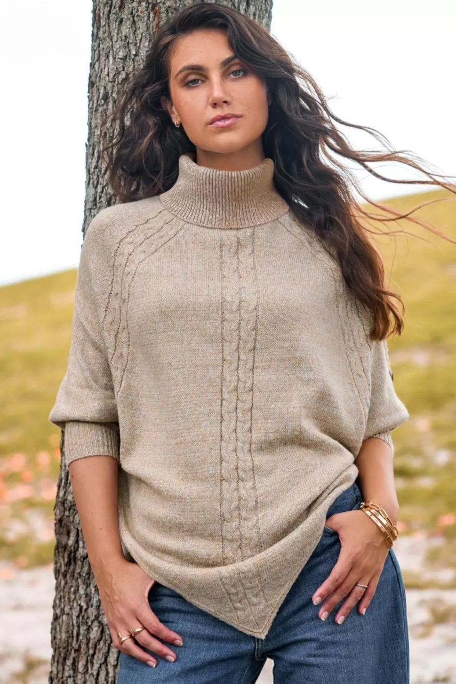 Sale Cupshe Turtleneck Dolman Sleeve Asymmetrical Hem Sweater Khaki