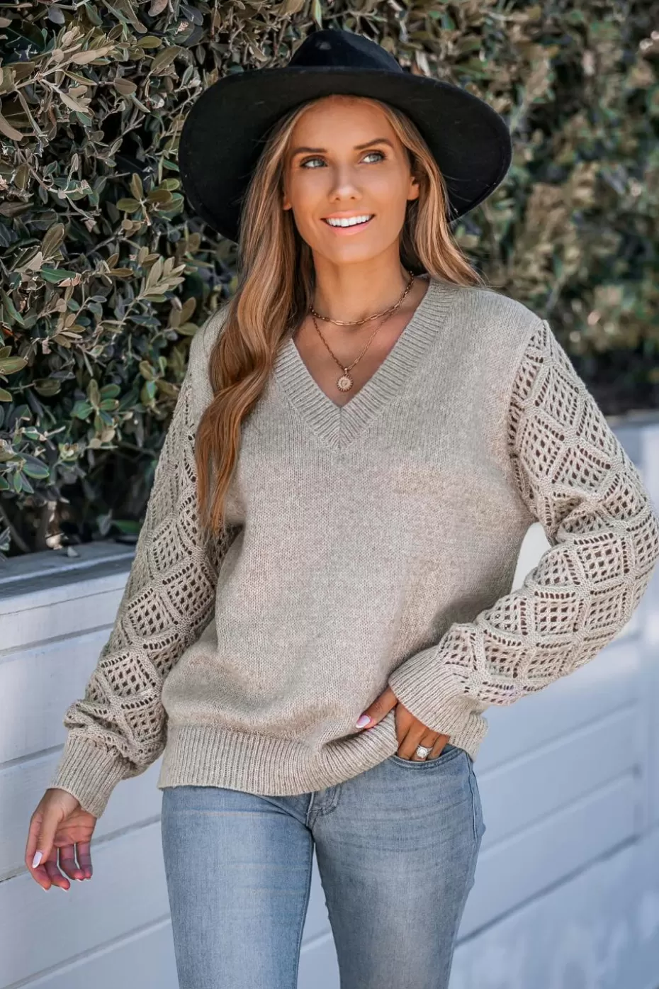 Online Cupshe V-Neck Crochet Sleeve Sweater Khaki