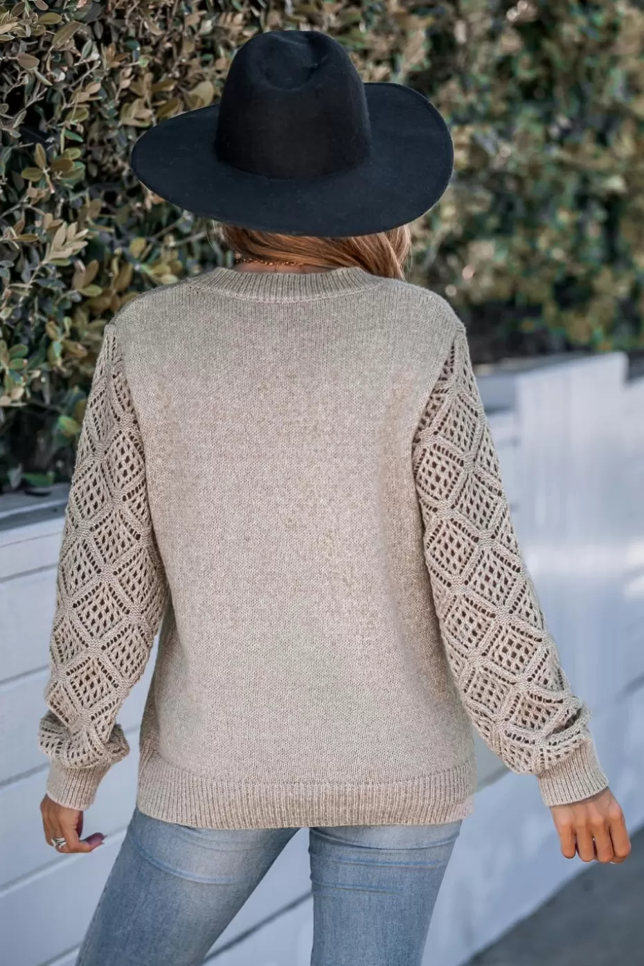 Online Cupshe V-Neck Crochet Sleeve Sweater Khaki