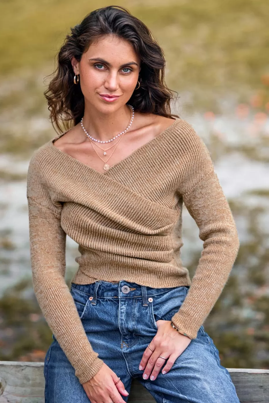 Cheap Cupshe V-Neck Off-Shoulder Wrap Sweater Khaki