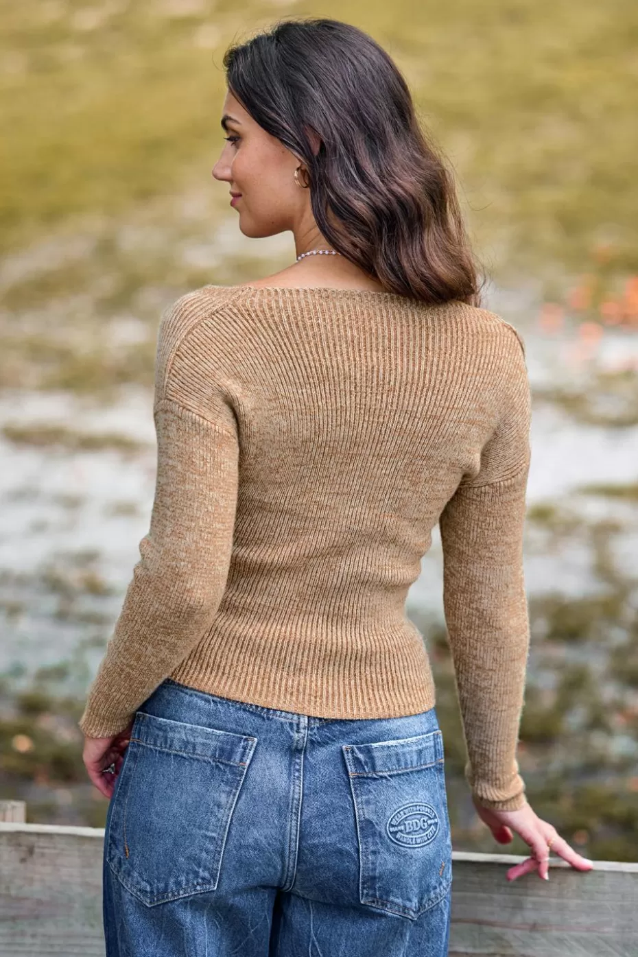 Cheap Cupshe V-Neck Off-Shoulder Wrap Sweater Khaki