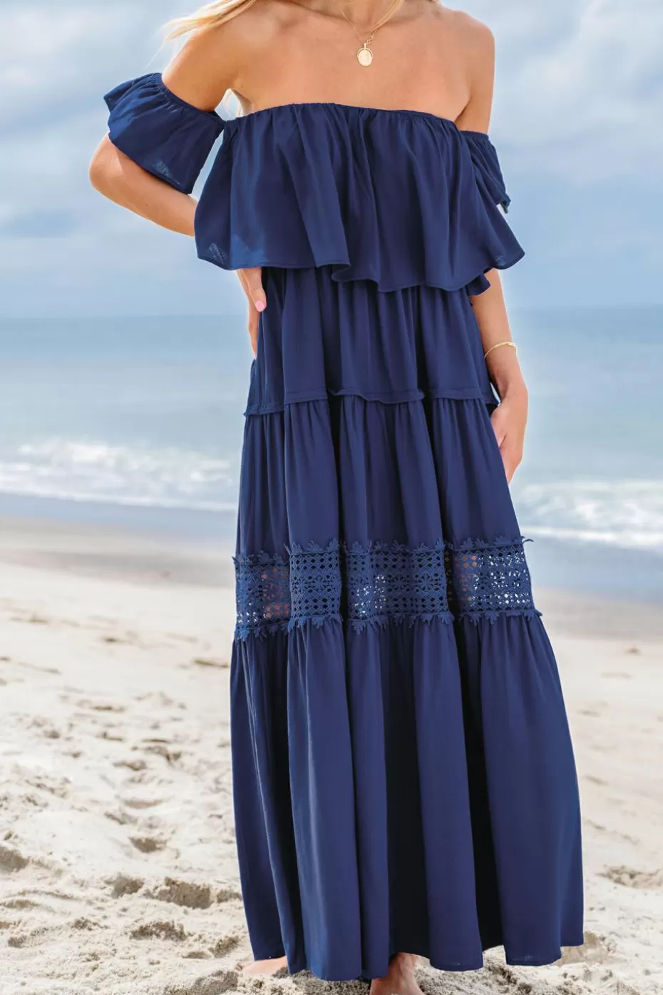 Discount Cupshe Lace Off-Shoulder Maxi Dress Navy