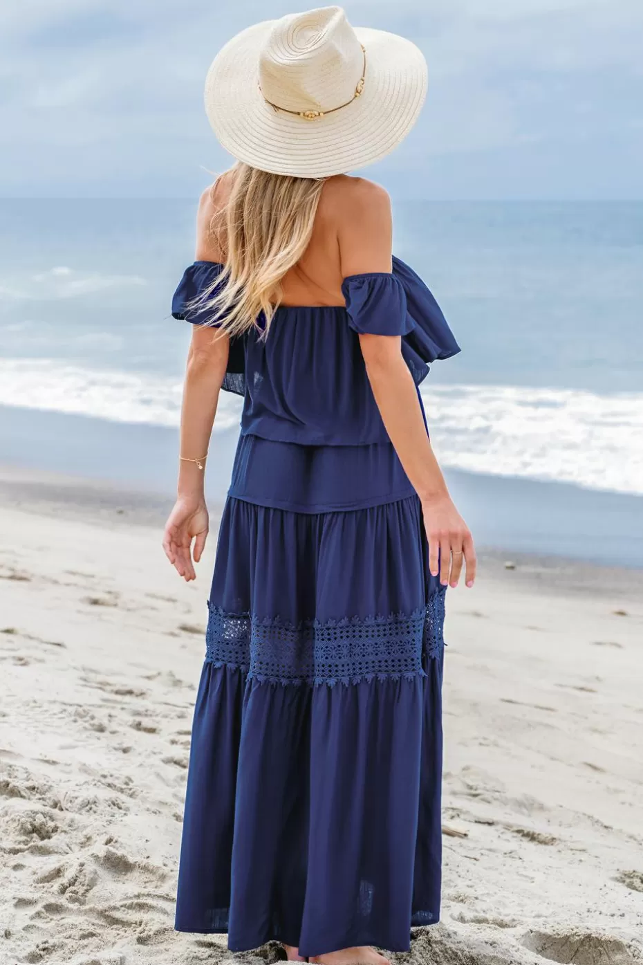 Discount Cupshe Lace Off-Shoulder Maxi Dress Navy