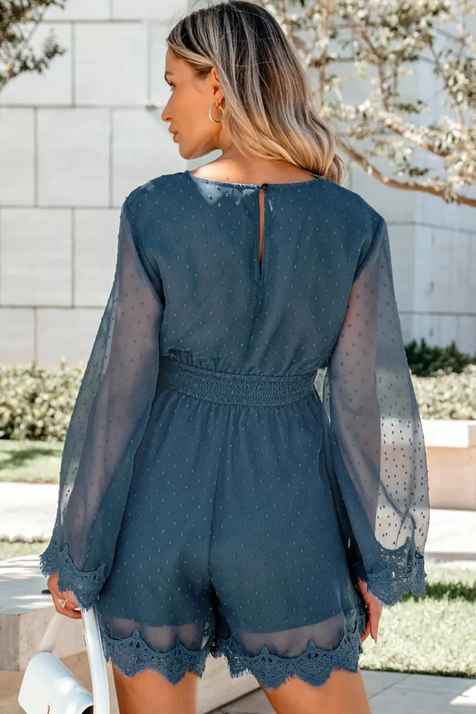 Hot Cupshe Lace Trim Surplice Long Sleeve Loose Leg Romper Blue