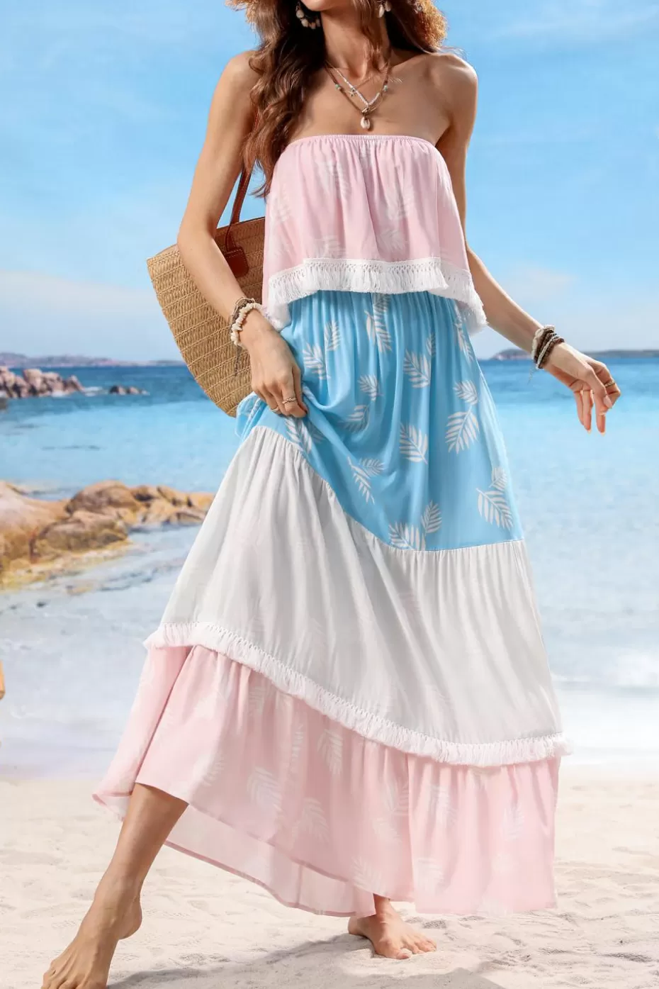 Outlet Cupshe Leaf Print Colorblock Tube Maxi Dress Multi