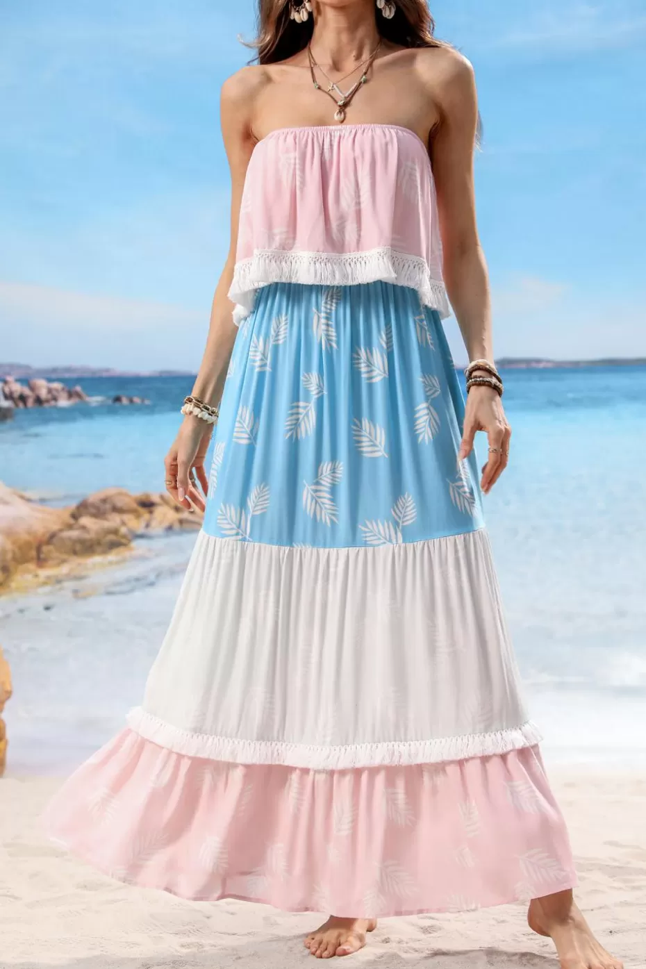 Outlet Cupshe Leaf Print Colorblock Tube Maxi Dress Multi