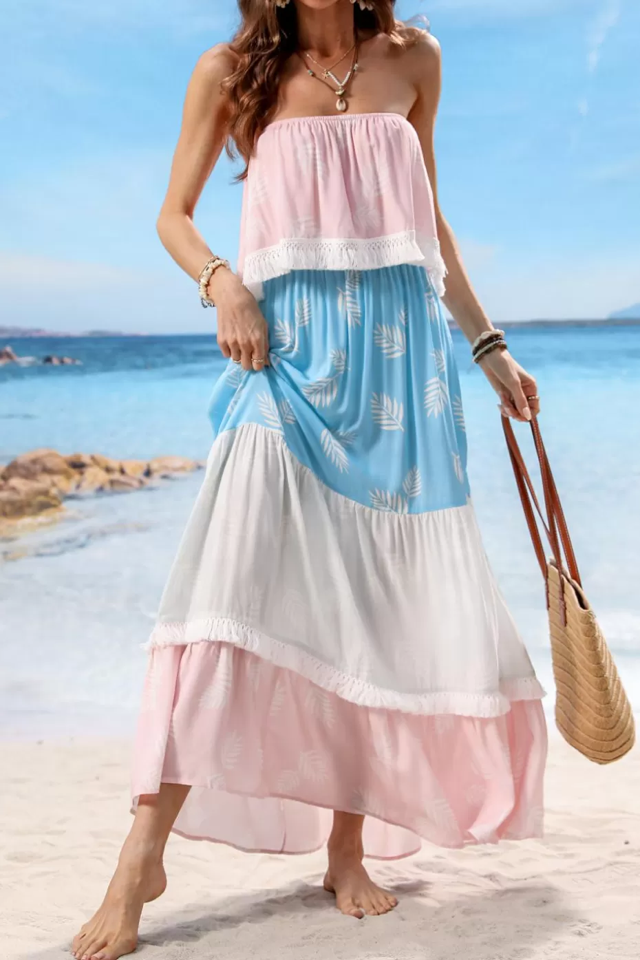 Outlet Cupshe Leaf Print Colorblock Tube Maxi Dress Multi