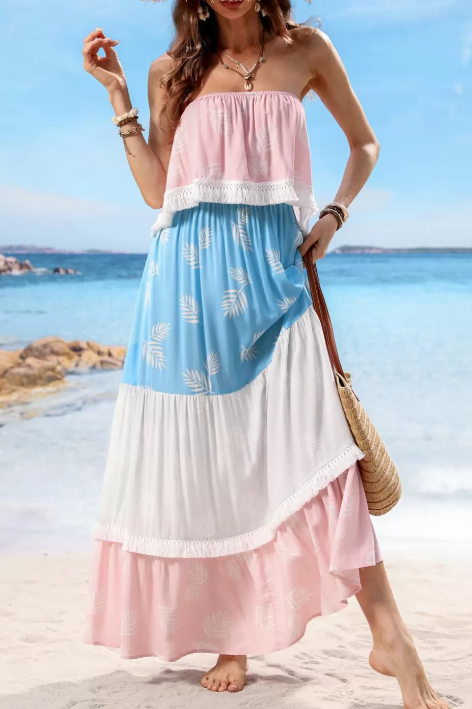 Outlet Cupshe Leaf Print Colorblock Tube Maxi Dress Multi