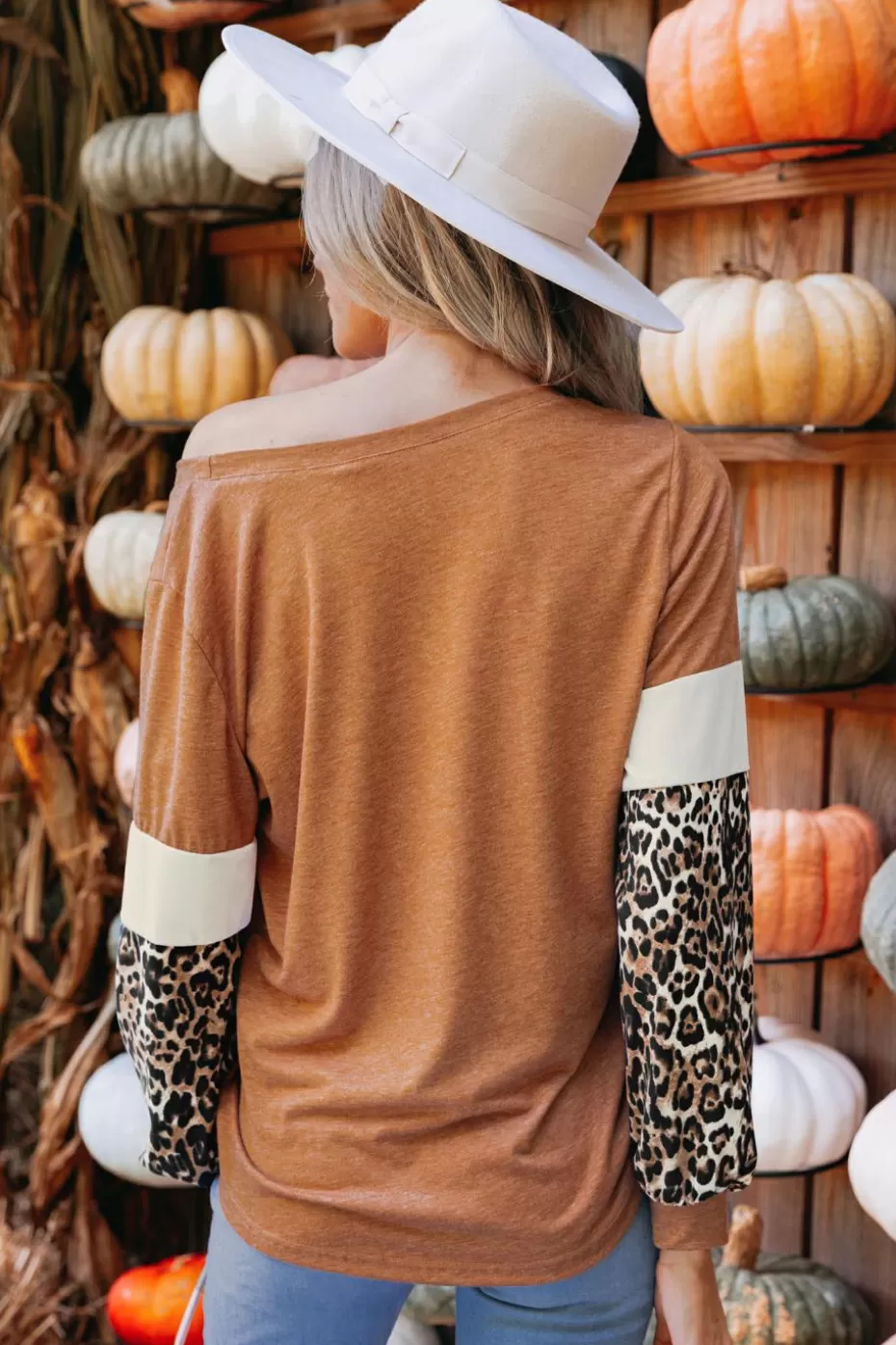 Outlet Cupshe Leopard Print Colorblock Long Sleeve Tee Brown