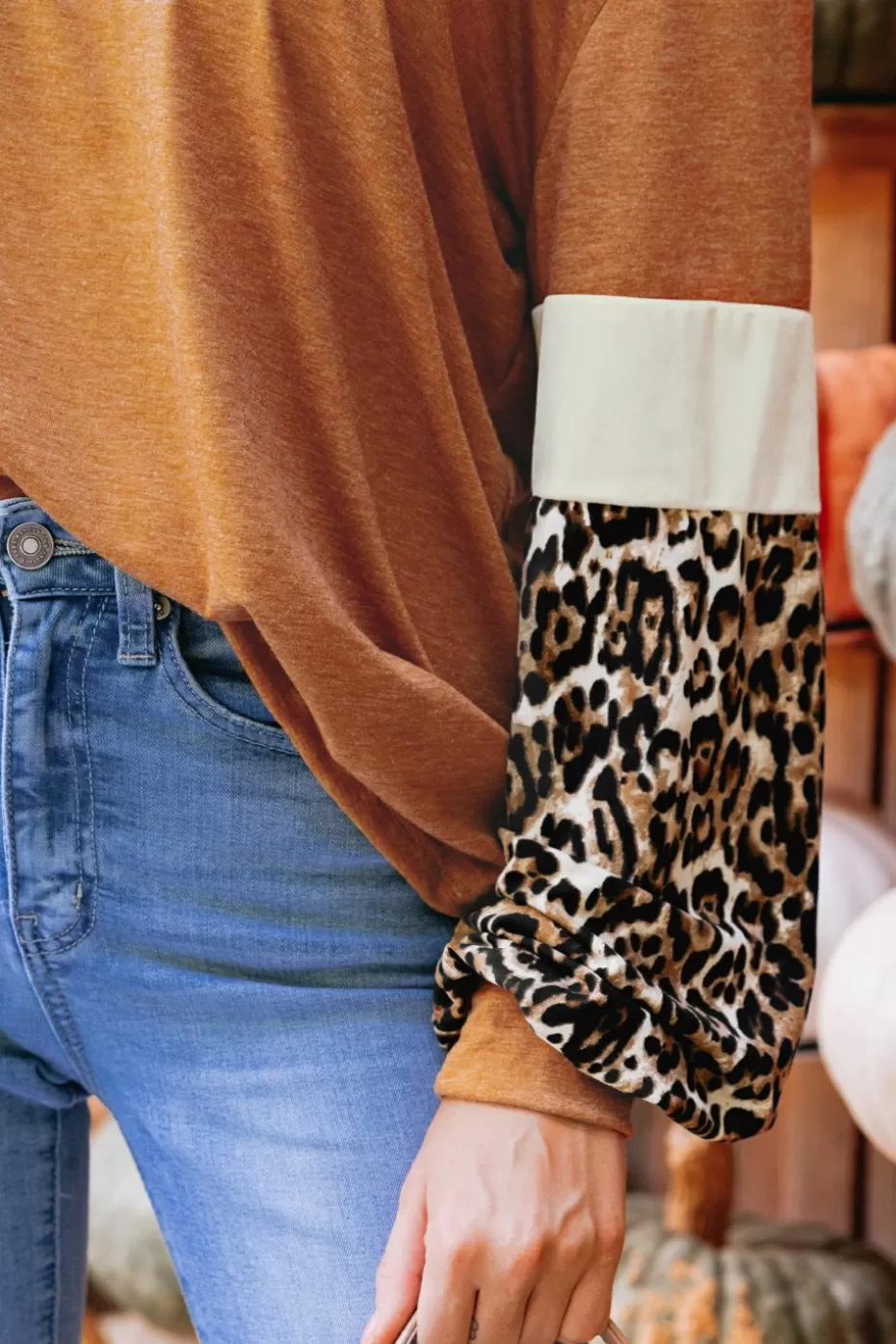 Outlet Cupshe Leopard Print Colorblock Long Sleeve Tee Brown