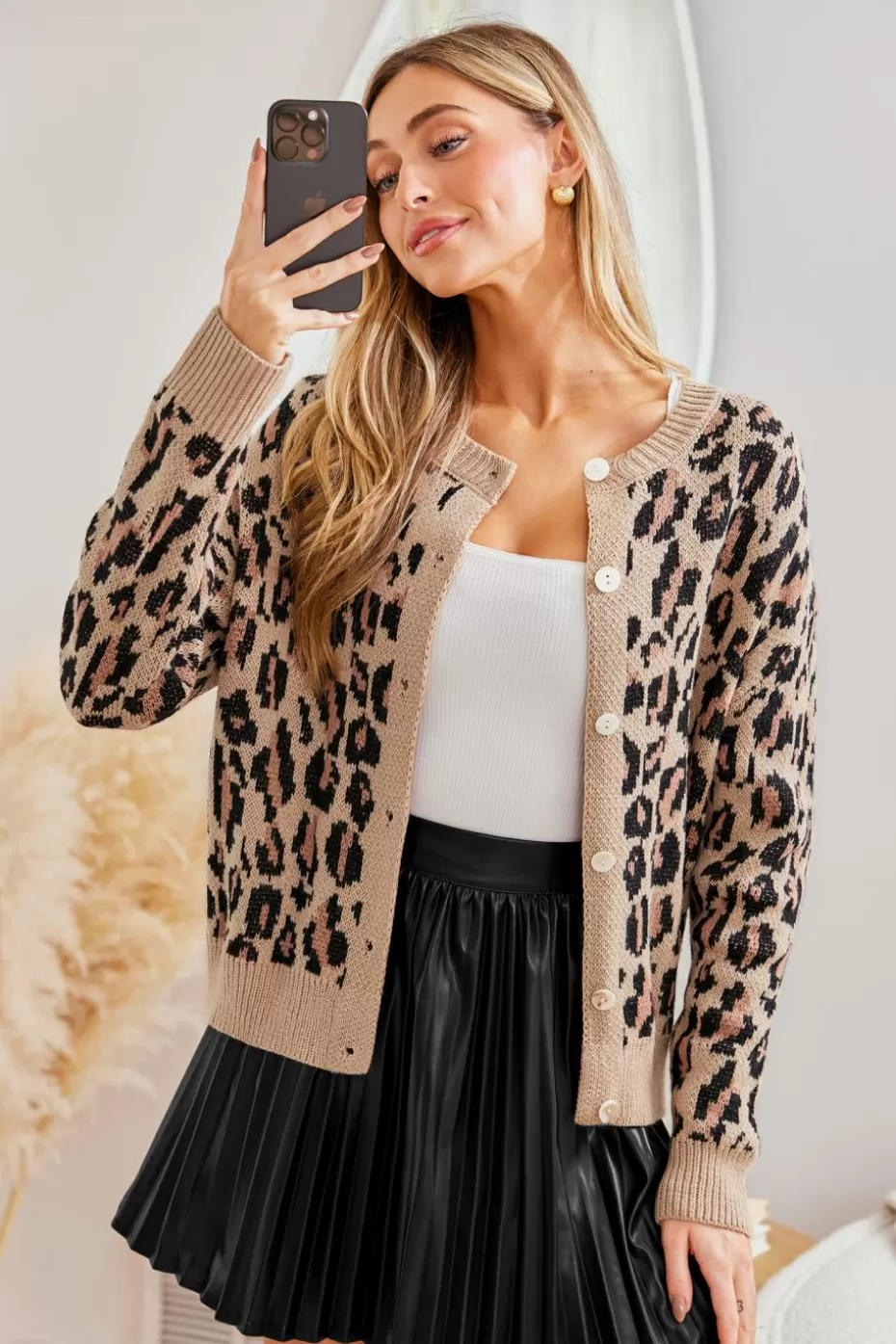Cheap Cupshe Leopard Print Long Sleeve Button Up Cardigan Khaki