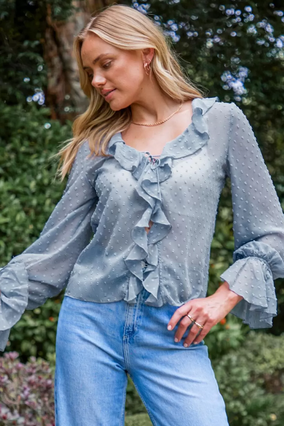 Cheap Cupshe Blouson Sleeve Ruffled Swiss Dot Blouse Light Blue