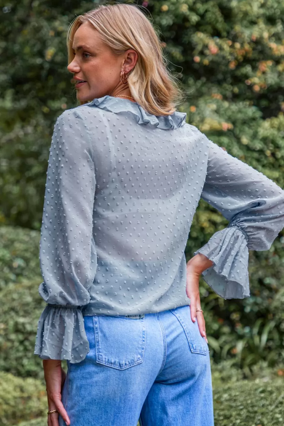 Cheap Cupshe Blouson Sleeve Ruffled Swiss Dot Blouse Light Blue