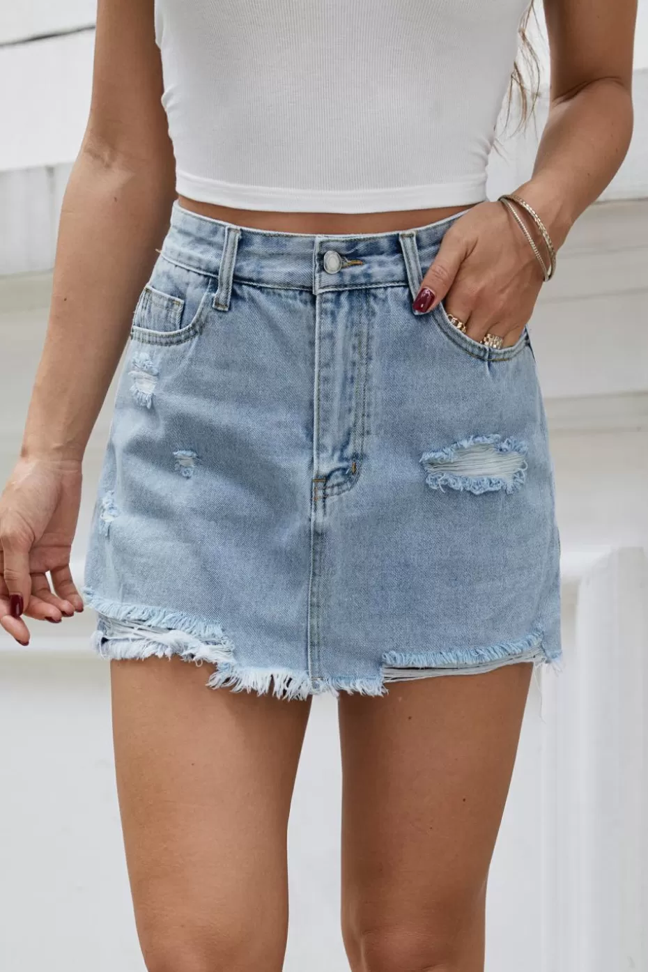 Flash Sale Cupshe Distressed Denim Mini Skirt Light Blue