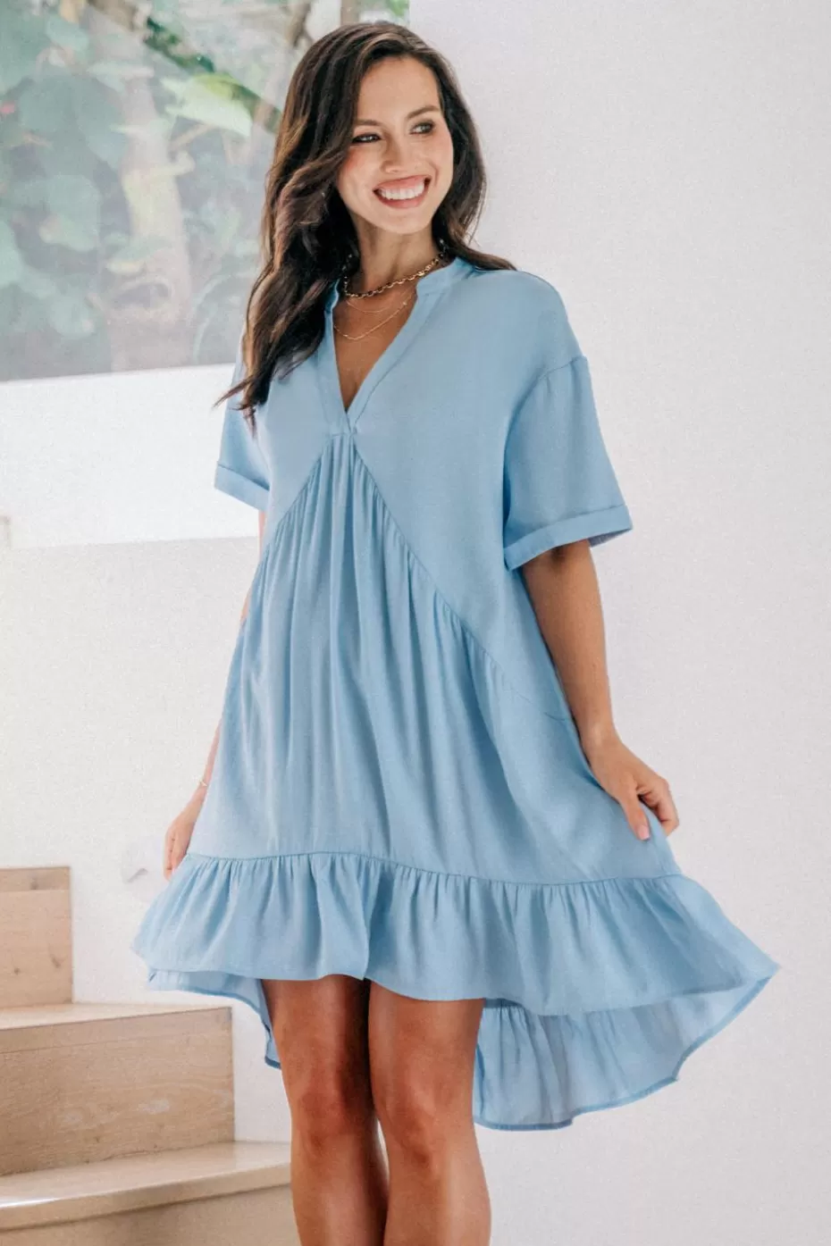 Online Cupshe Drop Shoulder Flounce Hem Mini Dress Light Blue