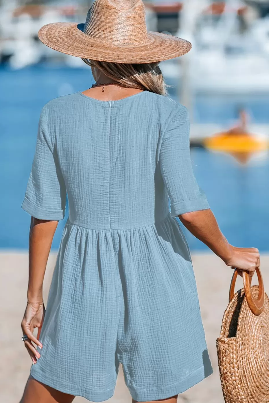 Store Cupshe Patch Pocket Wide Leg Romper Light Blue