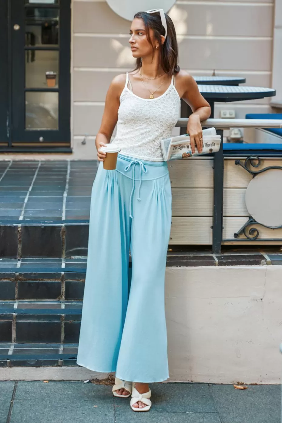 Shop Cupshe Pintuck Wide Leg Jersey Pants Light Blue