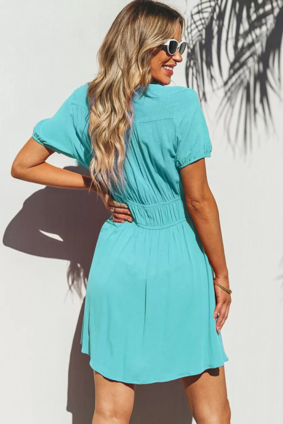 Hot Cupshe Plunging Puff Sleeve Mini Dress Light Blue
