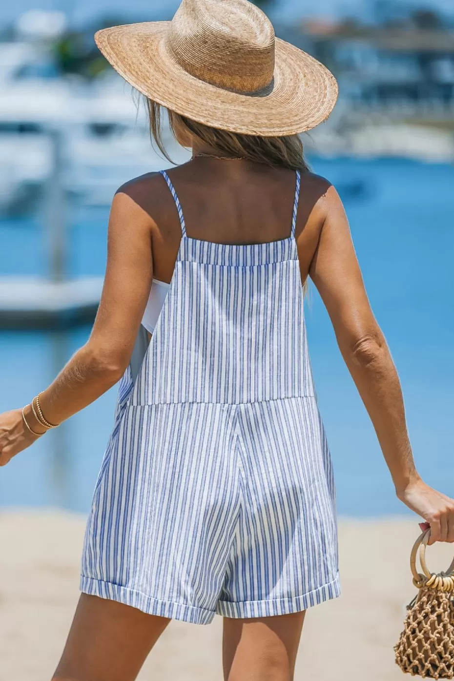 Hot Cupshe Striped Straight Leg Shortalls Light Blue
