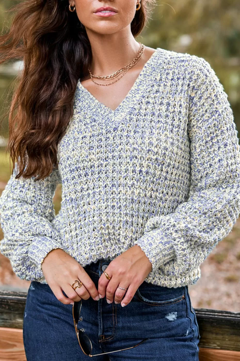 Online Cupshe V-Neck Blouson Sleeve Knit Sweater Light Blue