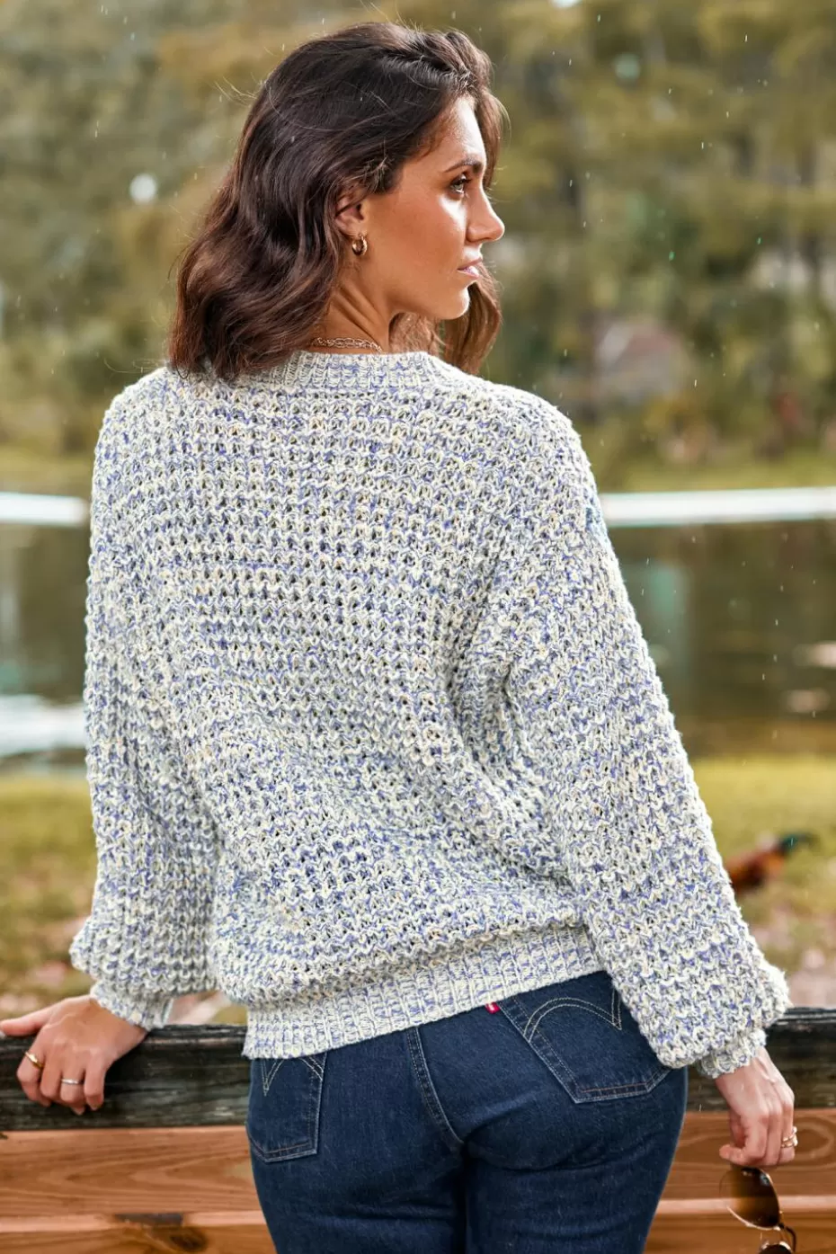 Online Cupshe V-Neck Blouson Sleeve Knit Sweater Light Blue