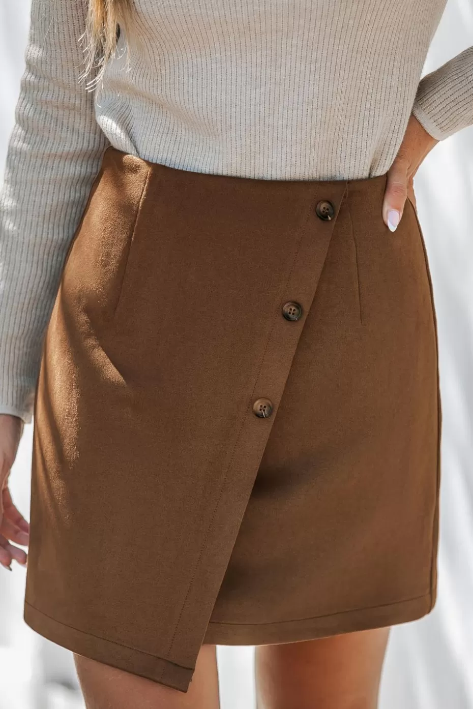 Shop Cupshe Asymmetrical Button Mini Skirt Light Brown