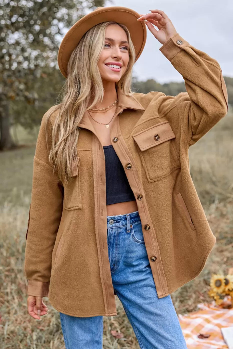 Sale Cupshe Collared Long Sleeve Button Up Shacket Light Brown