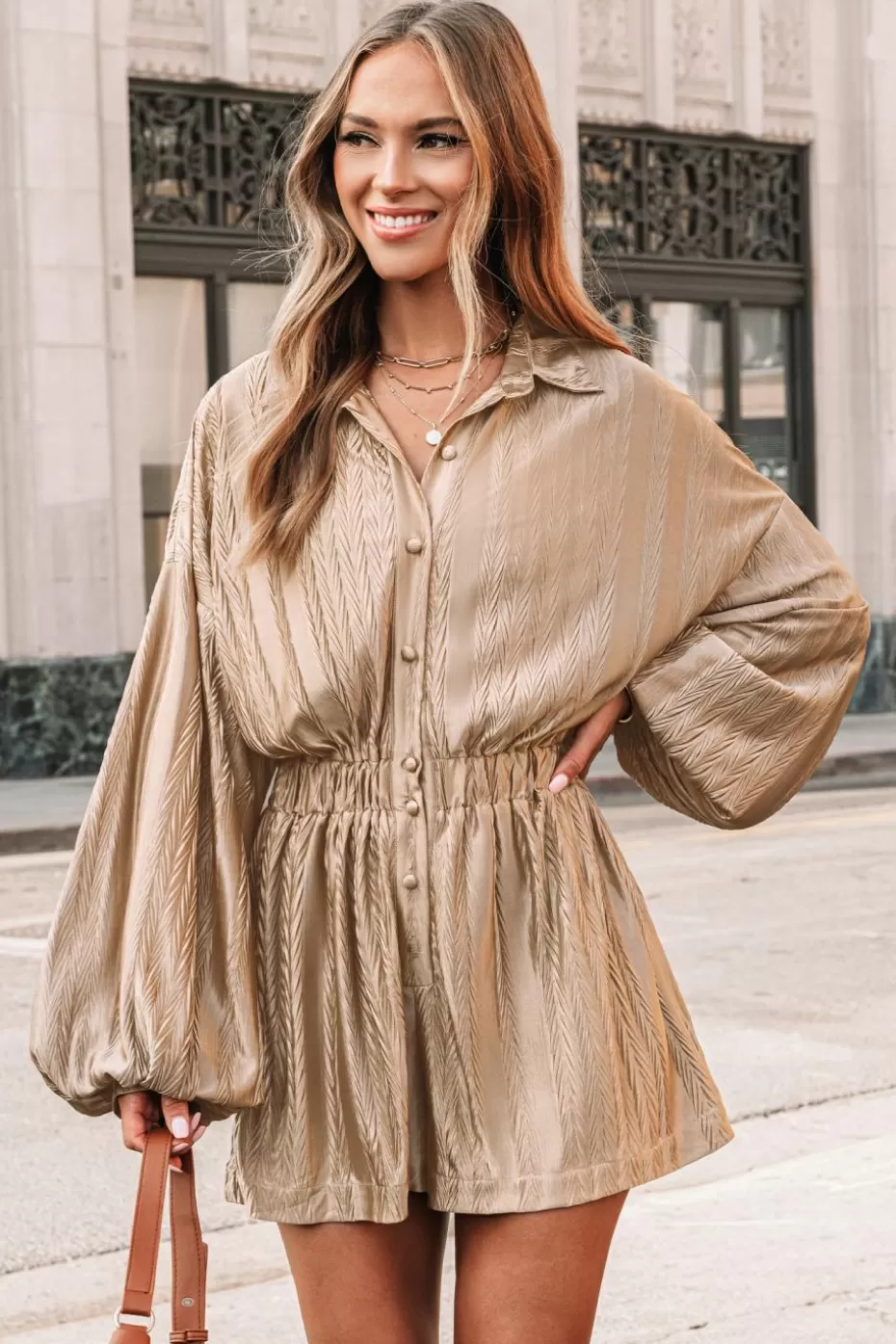 Shop Cupshe Collared Long Sleeve Wide Leg Romper Light Brown