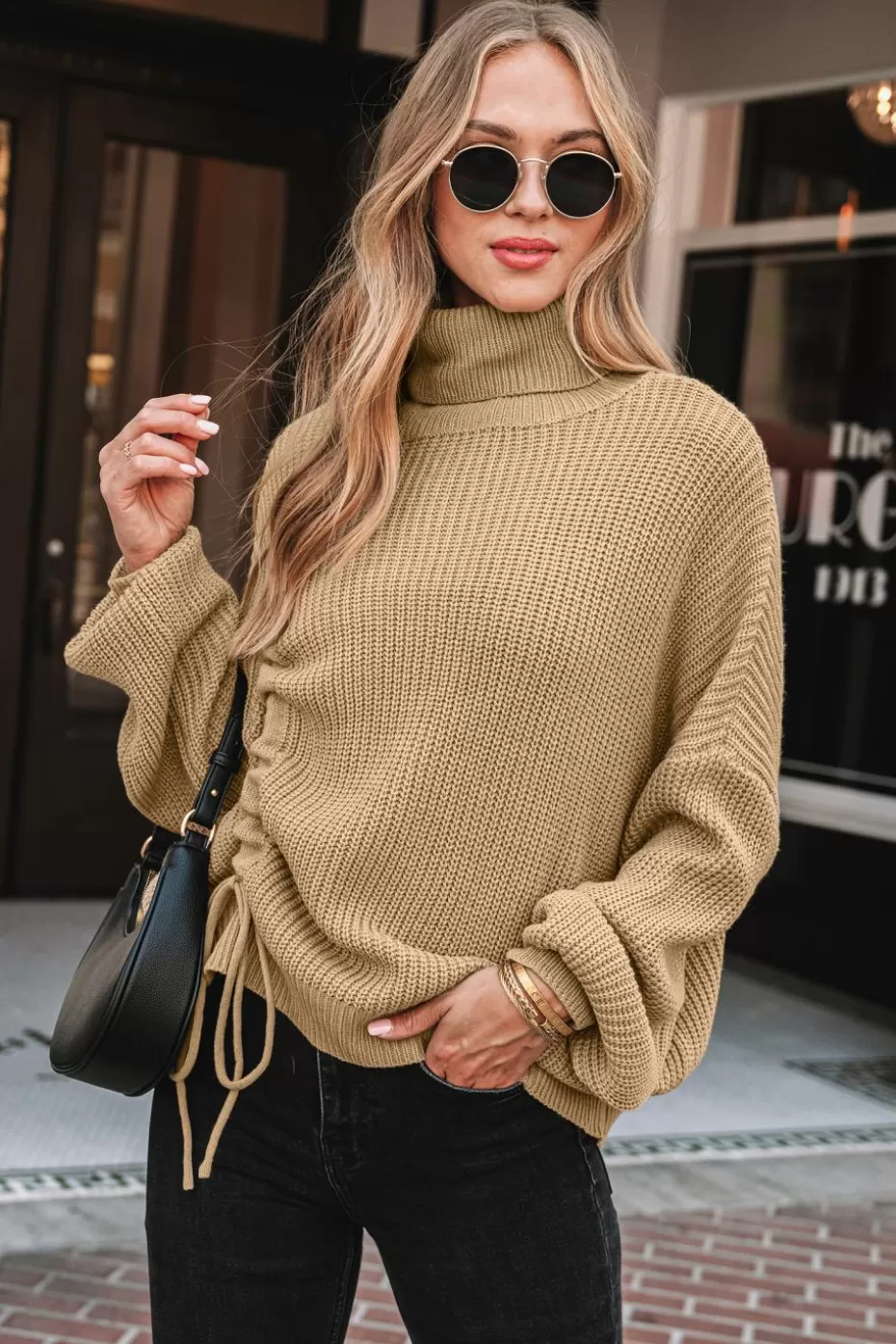 Hot Cupshe Drop Shoulder Turtleneck Sweater Light Brown