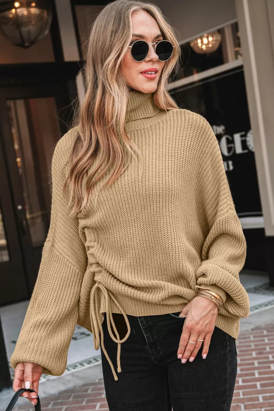 Hot Cupshe Drop Shoulder Turtleneck Sweater Light Brown