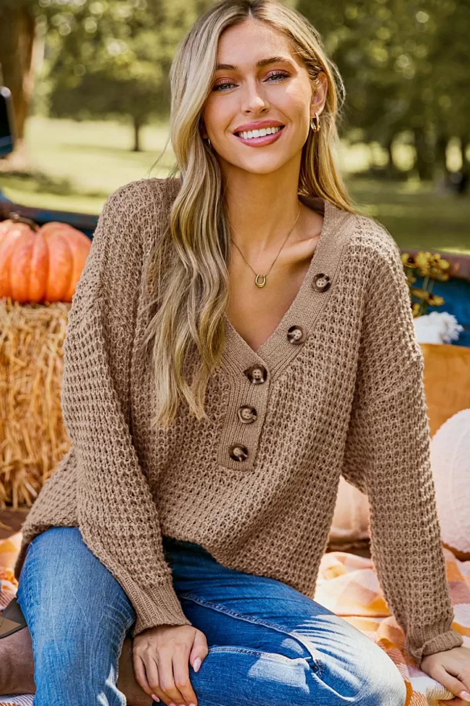Cheap Cupshe V-Neck Long Sleeve Henley Sweater Light Brown
