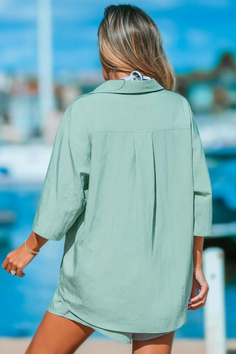 New Cupshe Collared Drop Shoulder Button Up Blouse Light Green