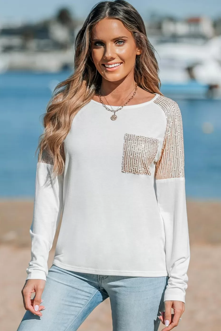 Online Cupshe Long Sleeve Sequin Raglan Top White