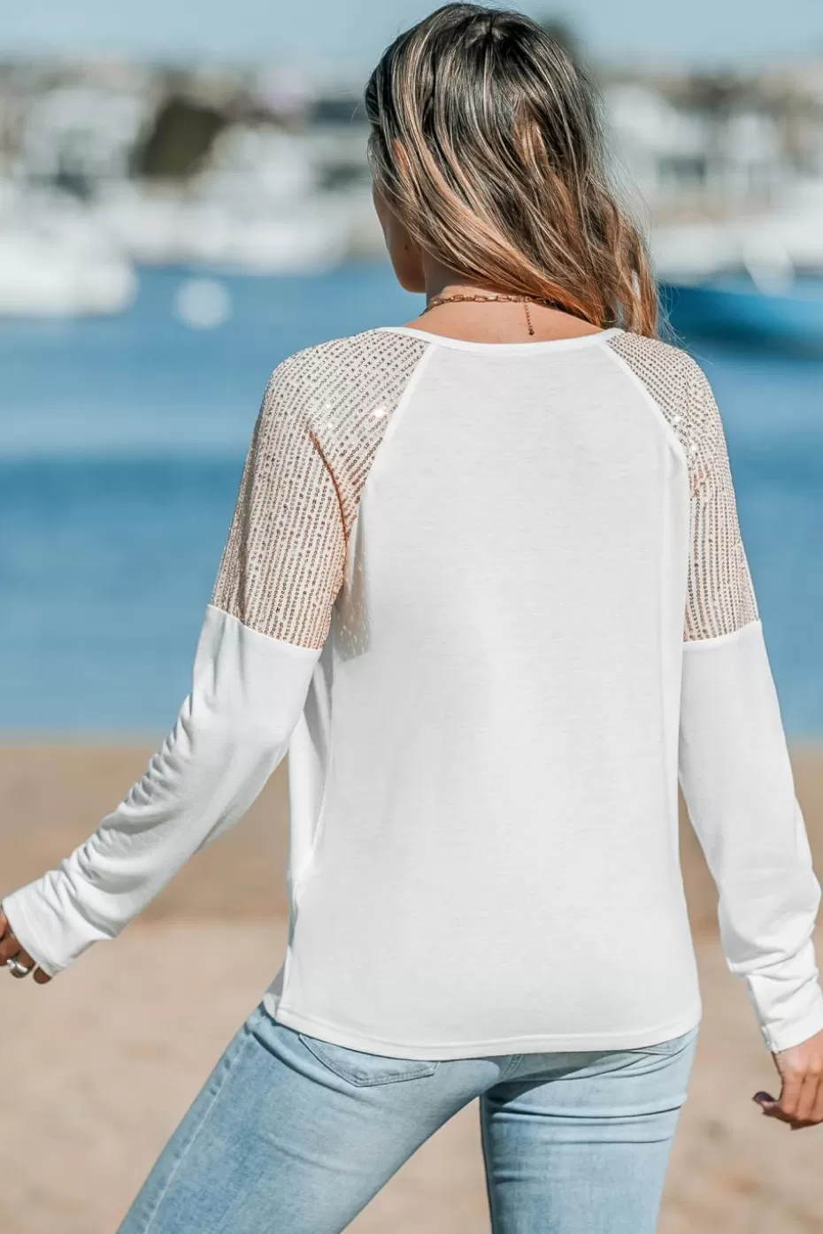 Online Cupshe Long Sleeve Sequin Raglan Top White