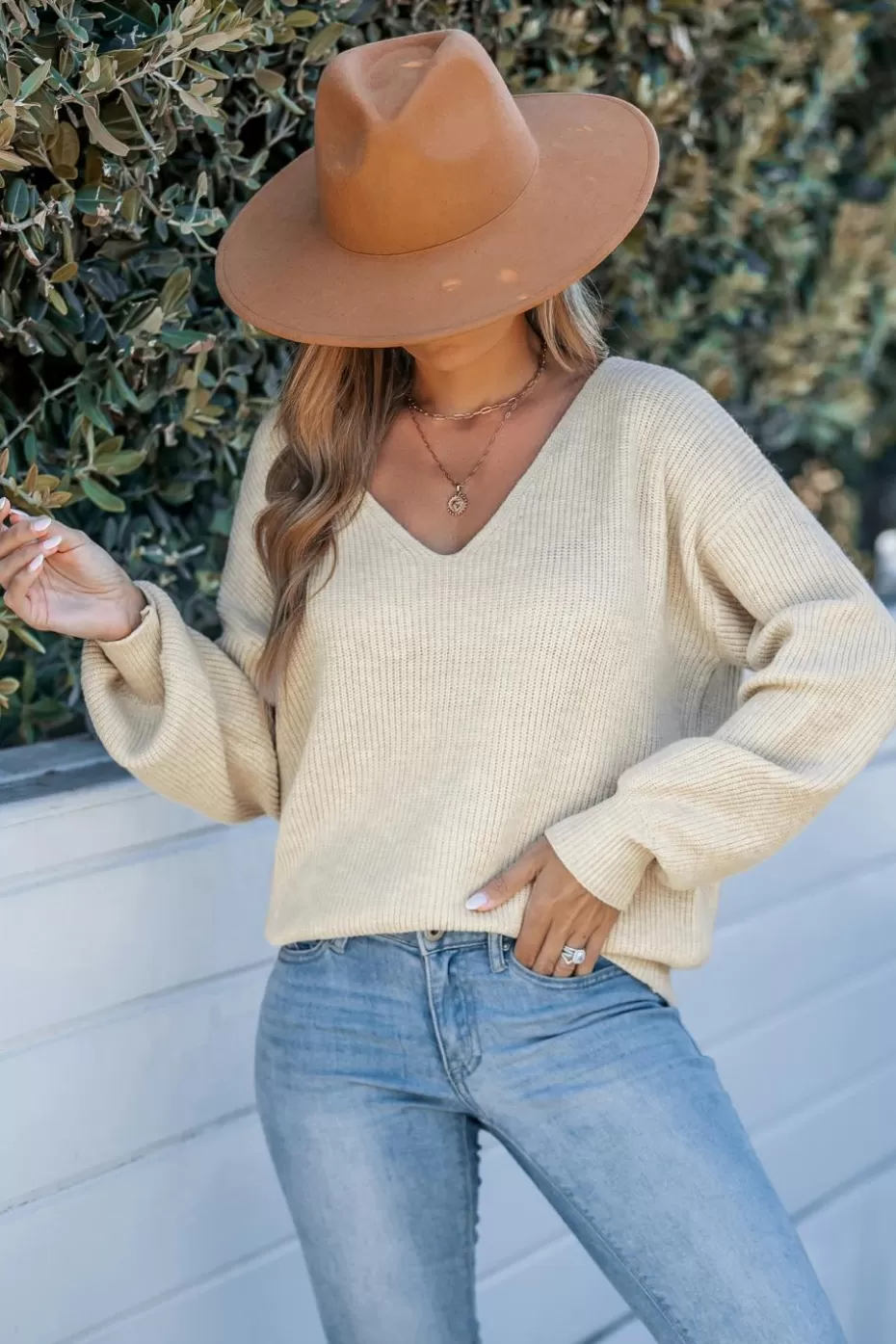 Outlet Cupshe Long Sleeve V-Neck Bow Sweater Apricot