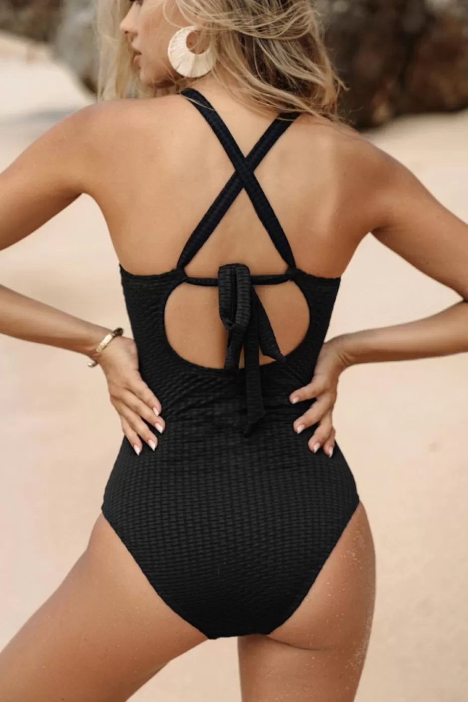 Fashion Cupshe Mesh Cross Back Straps Ruching One Piece Swimsuit Black