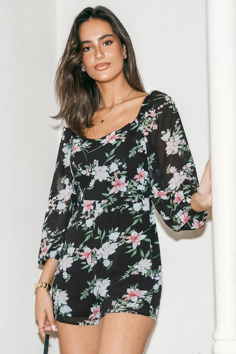 Hot Cupshe Midnight Floral Blouson Sleeve Wide Leg Romper Black