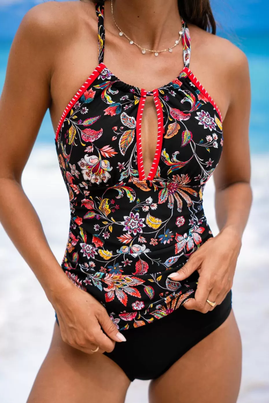 Shop Cupshe Midnight Floral Cutout Tankini Top & Standard Bottoms Set Black