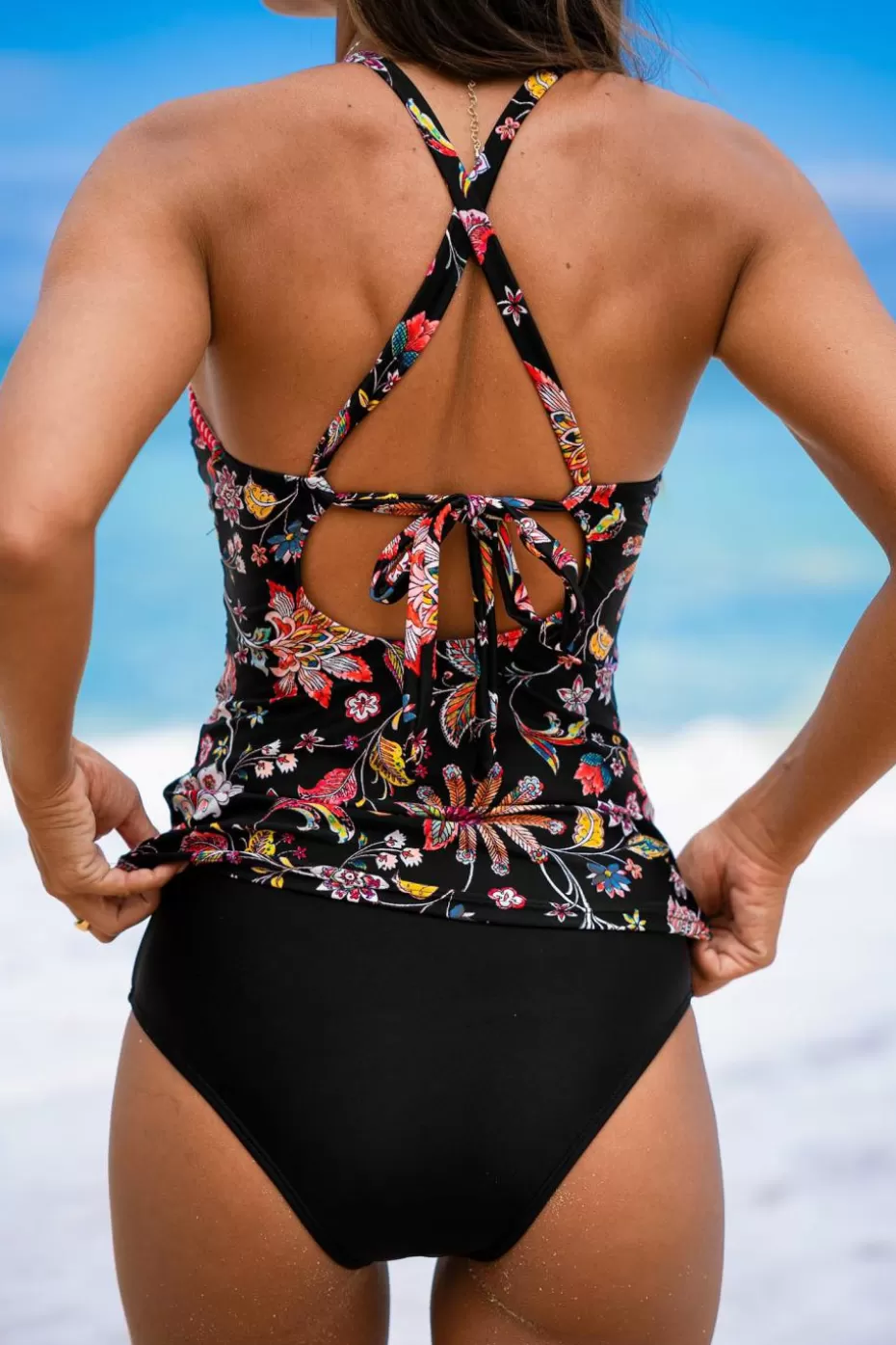 Shop Cupshe Midnight Floral Cutout Tankini Top & Standard Bottoms Set Black