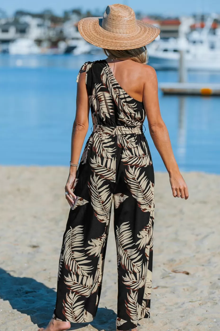 New Cupshe Midnight Tropics One-Shoulder Wide Leg Jumpsuit Black