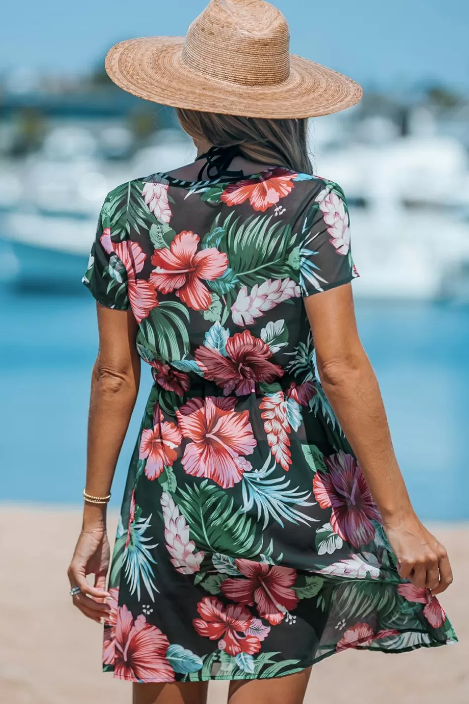 Shop Cupshe Midnight Tropics Short Sleeve Tie Waist Cover-Up Dress Black